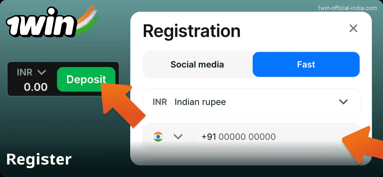 Register and select your currency on the 1Win website in India