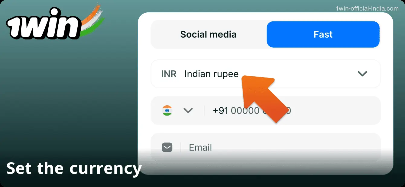 Select Indian currency when registering on 1Win in India