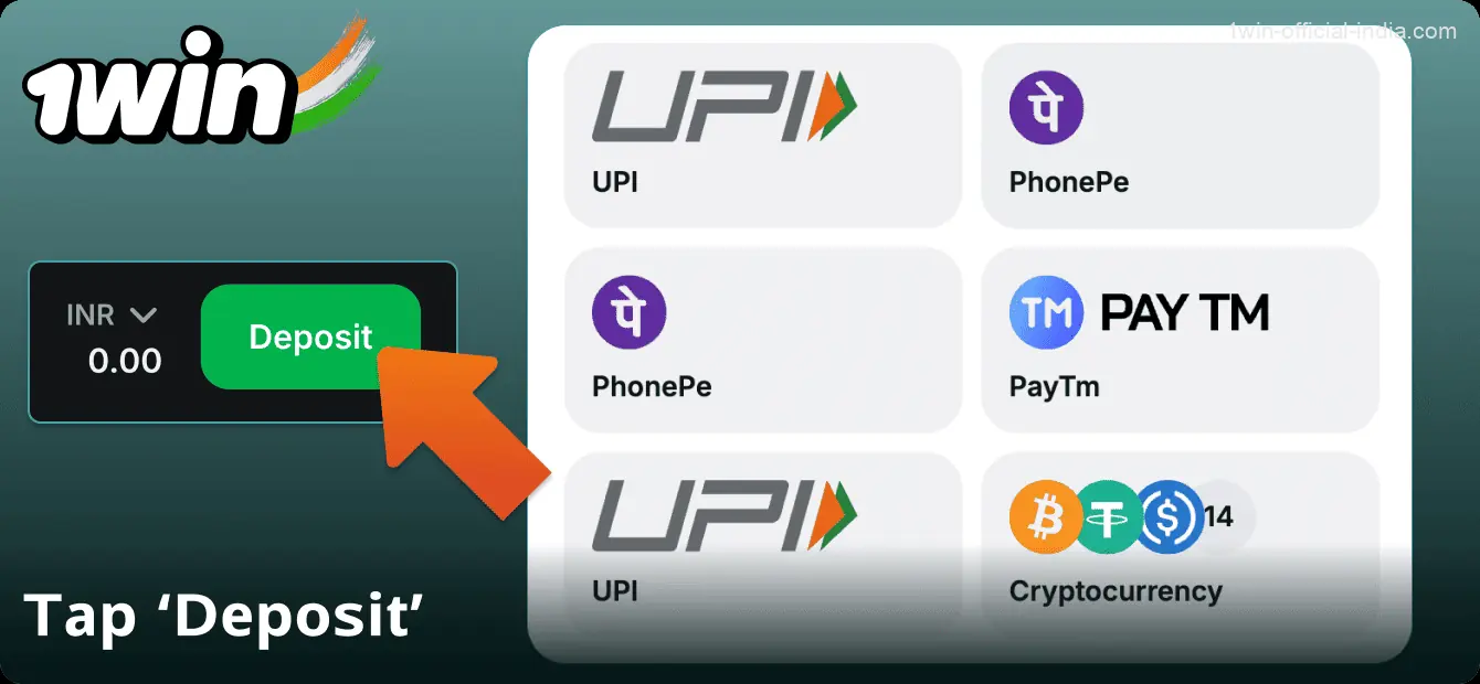 Click on “Deposit” in the 1Win India website menu